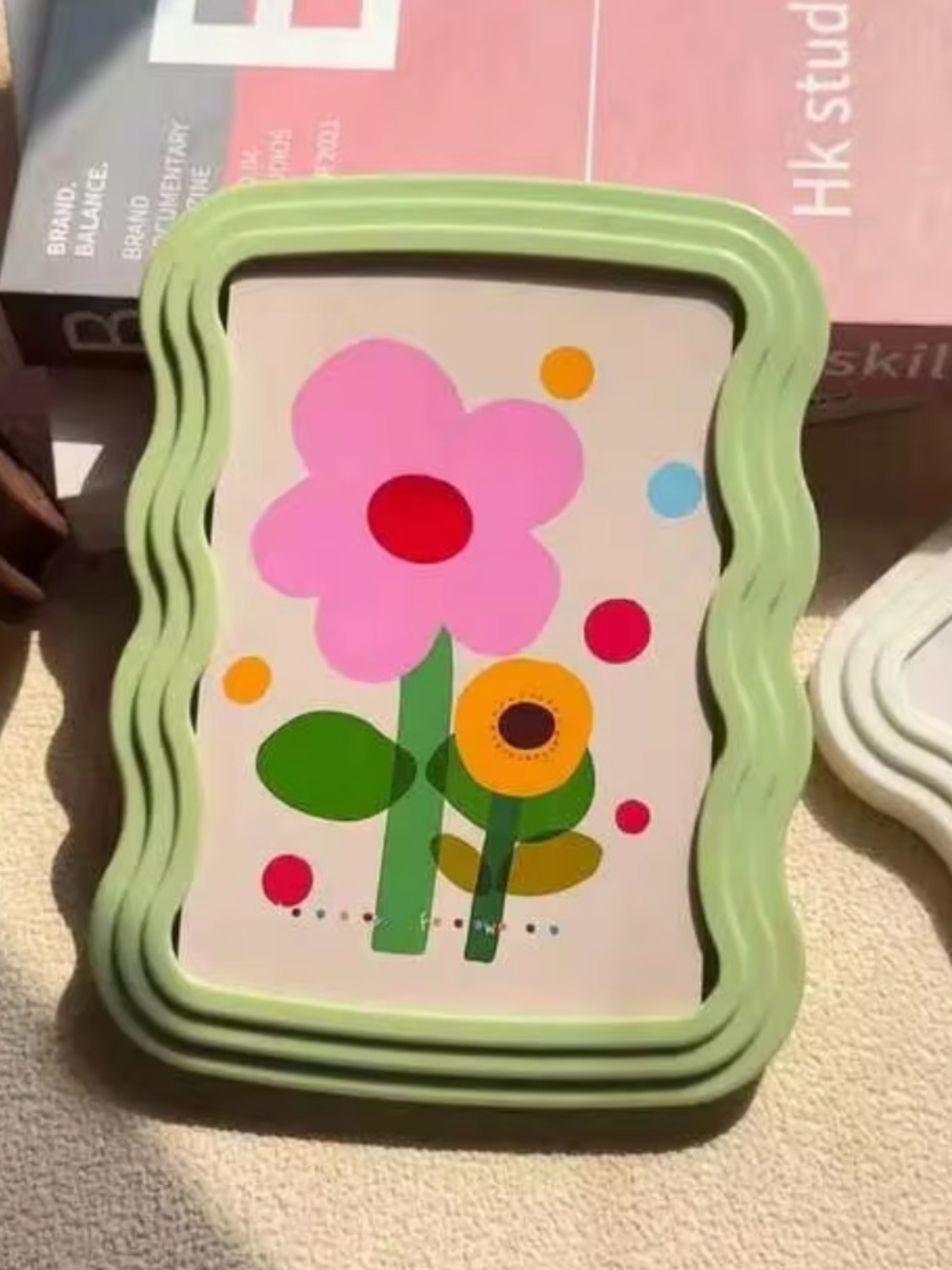 Green Wavy Photo Frame with Pink Flower Design